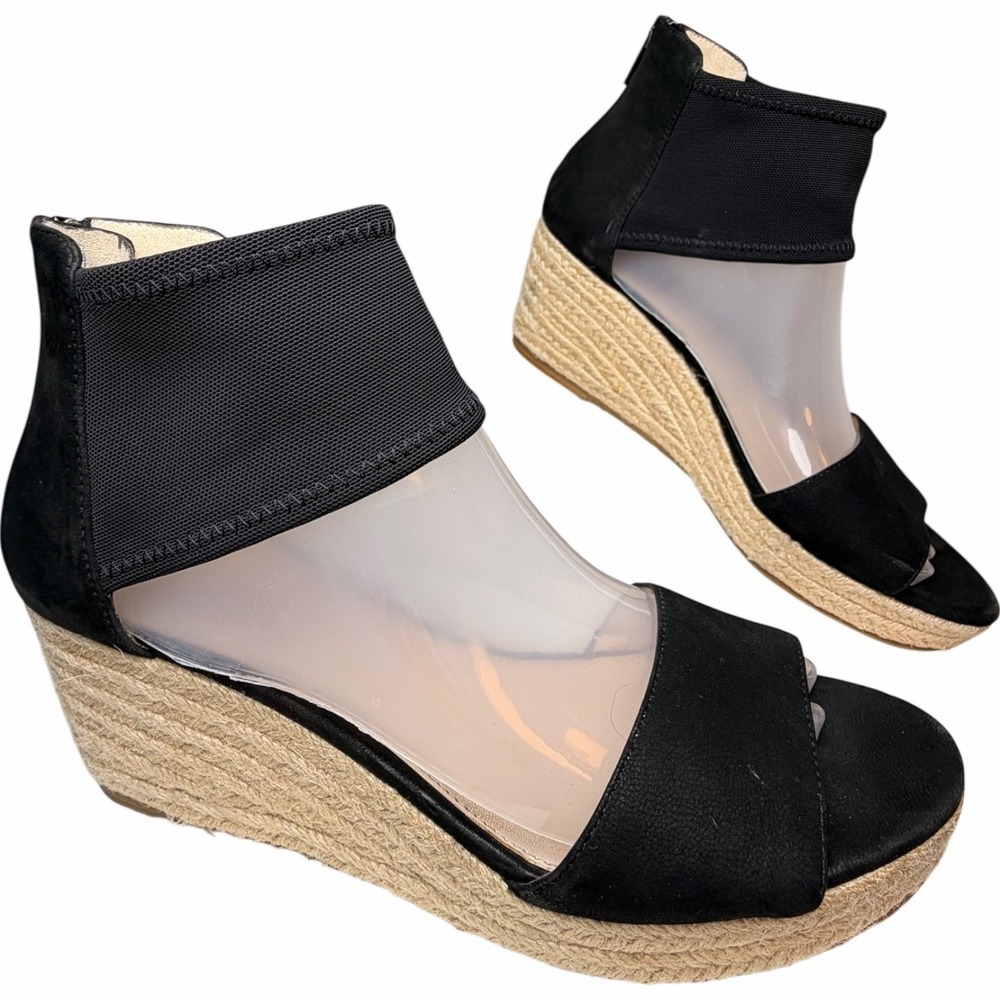 Pelle Moda Kona‎ Black Espadrille Wedge Sandals Peep Toe Ankle Zip Size 9M